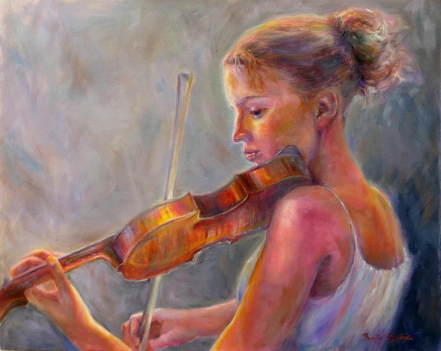 900x716 The Recital Painting By Bonnie Goedecke - Girl Playing Violin Painting