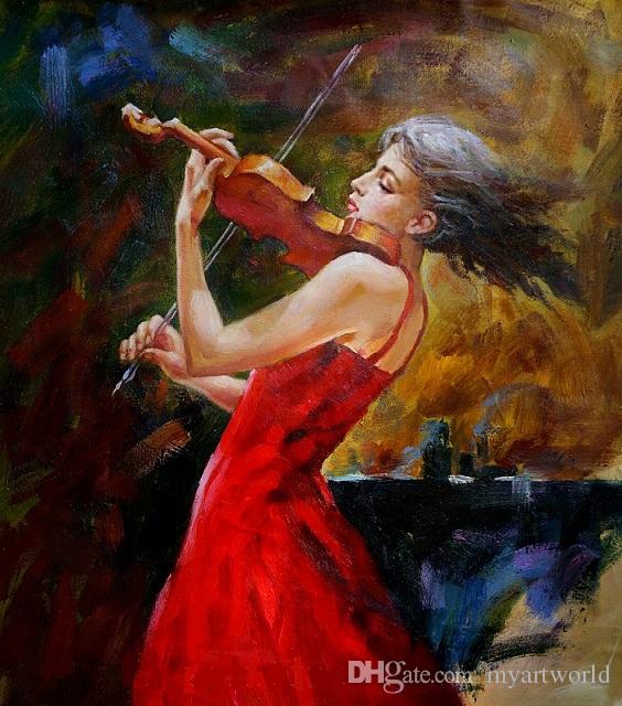 564x640 2018 The Girl Play The Violin In Red,pure Hand Painted Modern - Girl Playing Violin Painting