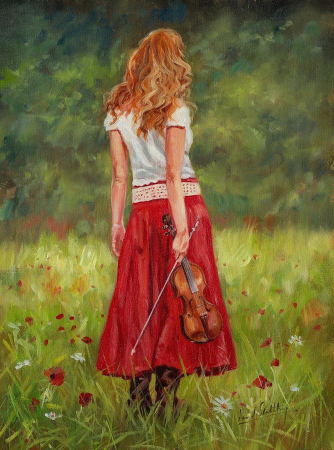 668x900 The Violinist Painting By David Stribbling - Girl Playing Violin Painting