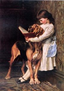 212x300 Nice Oil Painting Nice Young Girl Reading Book With Her Pet Dog - Girl Reading A Book Painting