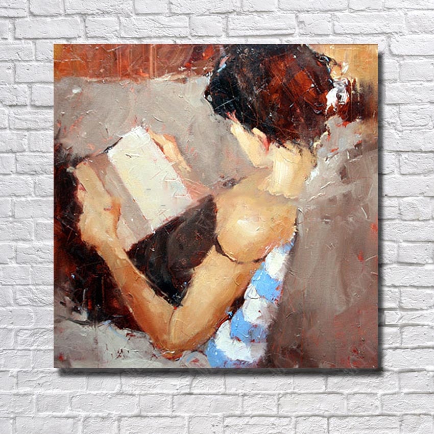 850x850 Night Dressing Girl Reading Books Sit On Sofa Decorative Canvas - Girl Reading A Book Painting