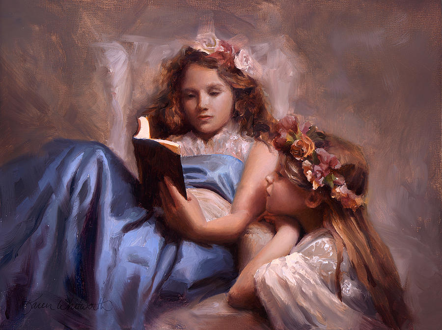 900x672 Fairytales And Lace - Girl Reading A Book Painting