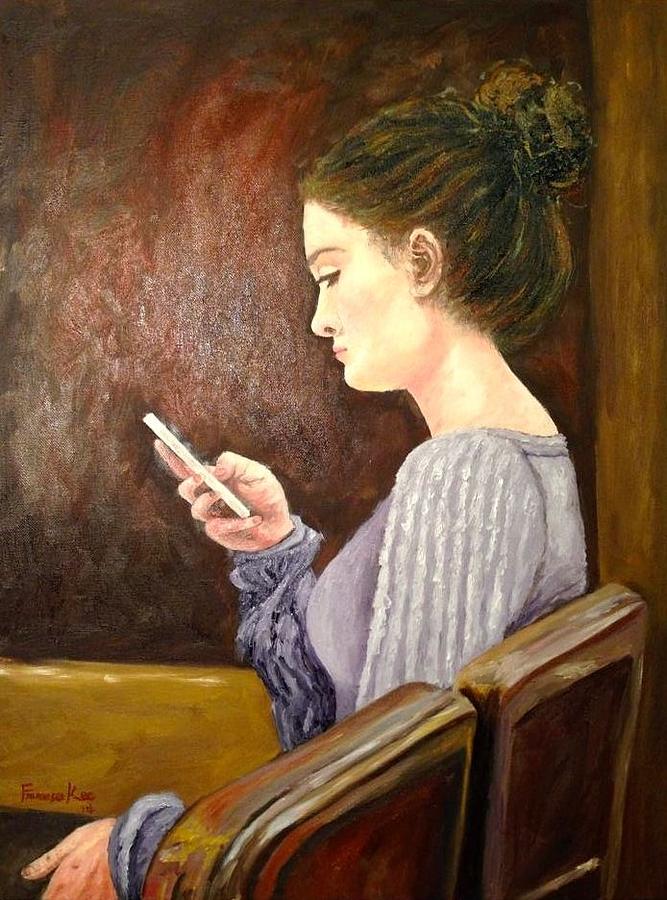 667x900 Girl Reading With E Book Painting By Francesca Kee - Girl Reading A Book Painting