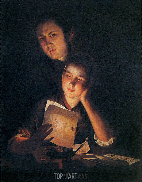 463x593 A Girl Reading A Letter By Candlelight With A Young Man Wright - Girl Reading Painting