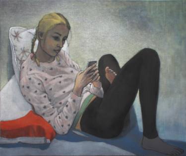 375x316 Saatchi Art A Young Girl Reading Painting By June Sira - Girl Reading Painting