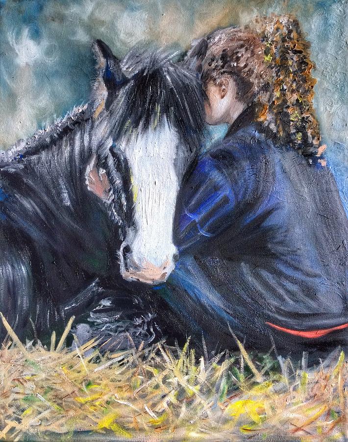 710x900 The Cuddle Painting By Isabella Shores - Girl Riding Horse Painting