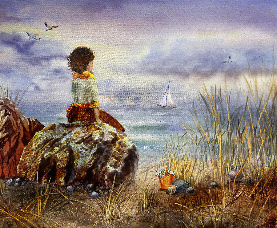 900x740 Girl And The Ocean Sitting On The Rock Painting By Irina Sztukowski - Girl Sitting Painting