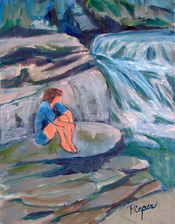 703x900 Girl Sitting On Rock By Water Falls Painting By Betty Pieper - Girl Sitting Painting