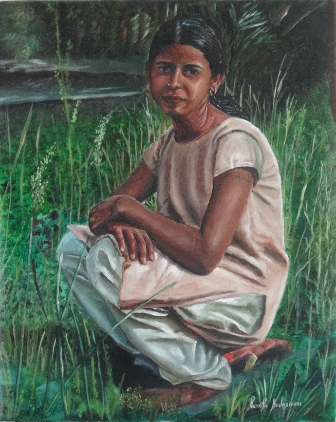690x866 Indian Girl Sitting In The Grass By Artist Ramya Sadasivam - Girl Sitting Painting