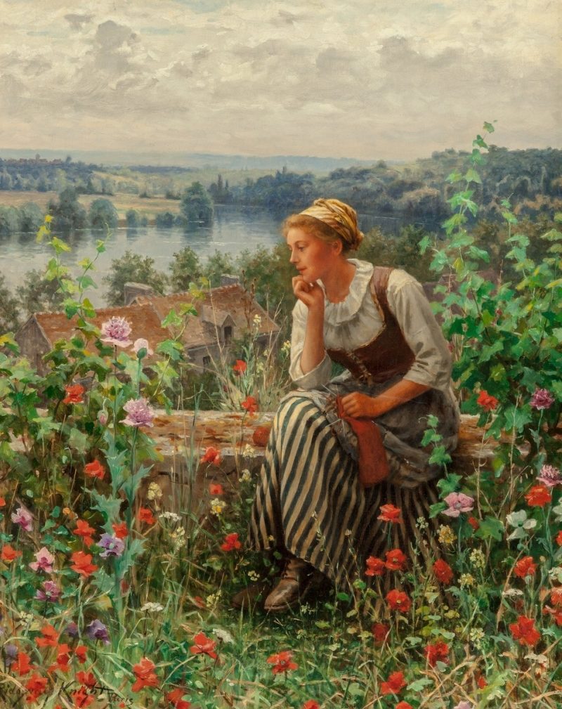 800x1009 Normandy Girl Sitting In A Garden Painting Daniel Ridgway Knight - Girl Sitting Painting