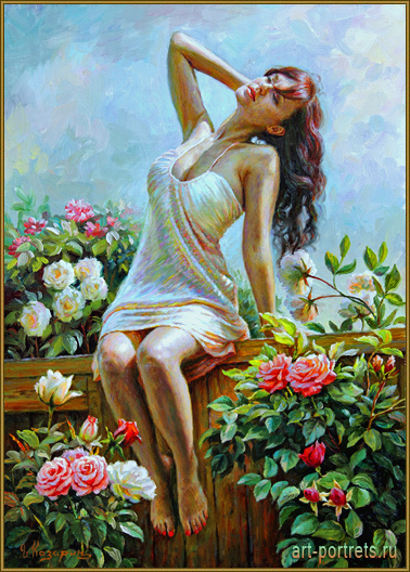 378x528 Painting Romantic Girl Sitting On The Fence - Girl Sitting Painting
