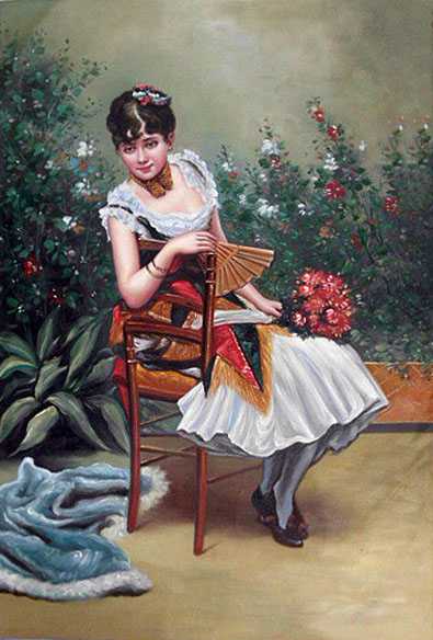 395x584 Sitting Girl In White Dress Oil Painting Op Cf13 33 - Girl Sitting Painting