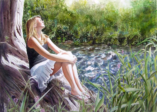 624x444 At The River Watercolor Amp Oil Paintings Of Roses And Flowers - Girl Sitting Painting