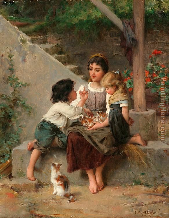 583x750 Emile Munier Playing With The Kittens Painting Anysize 50% Off - Girl Sitting Painting