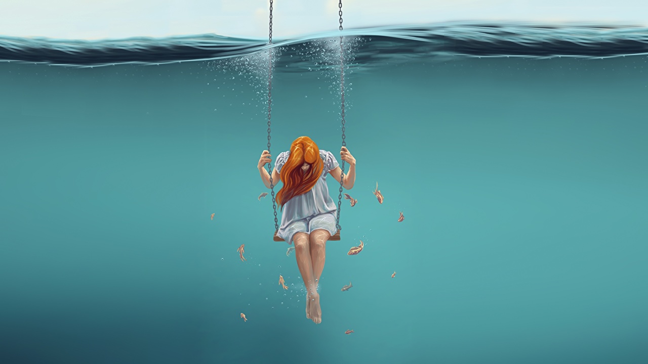 1280x720 Images Underwater World Redhead Girl Girls Fantasy Water Painting - Girl Underwater Painting