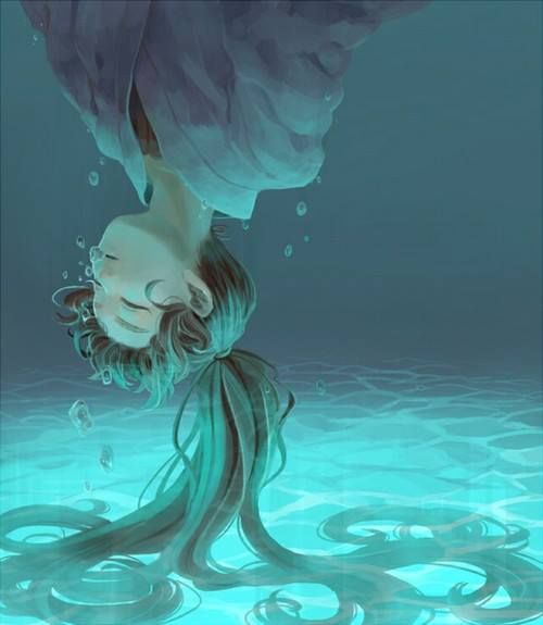 500x575 Anime, Drawing, Girl, Manga, Painting, Sad, Underwater, Water - Girl Underwater Painting