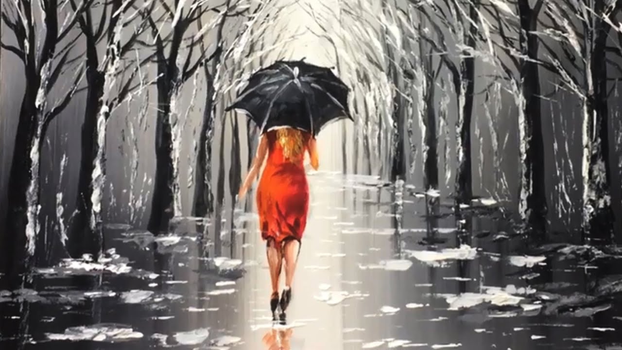 Lady With Black Umbrella Acrylic Painting - Girl Walking In The Rain Painti...