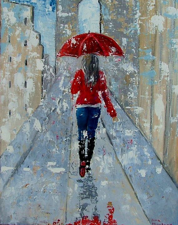 570x719 Original Oil Painting. Palette Knife Texture.gallery Stretch - Girl Walking In The Rain Painting