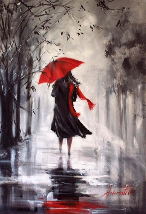 499x732 Painting Rain Helen Cottle, Australian Self Taught Artist - Girl Walking In The Rain Painting