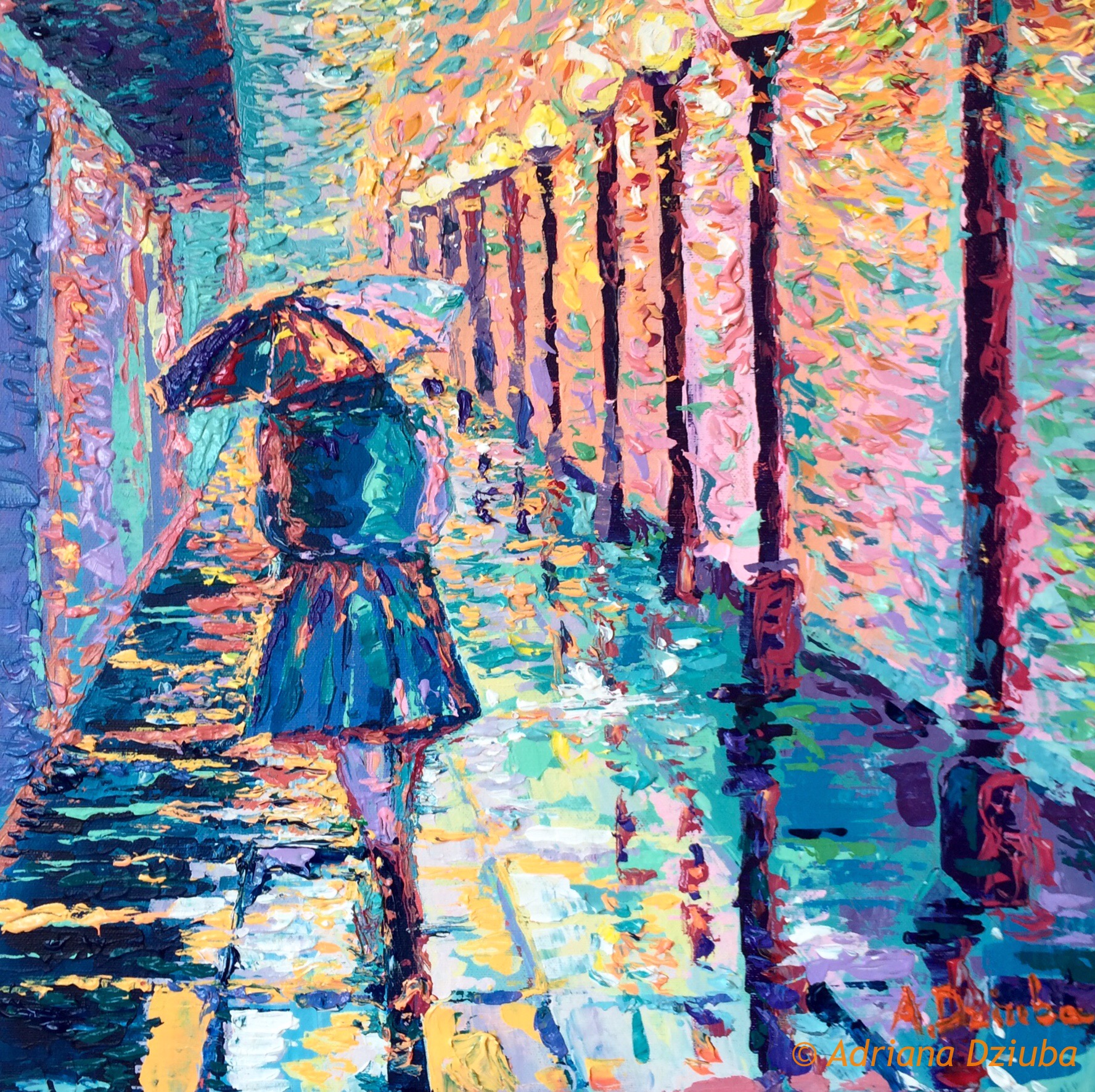 1776x1770 Paintings Adriana Dziuba Art - Girl Walking In The Rain Painting