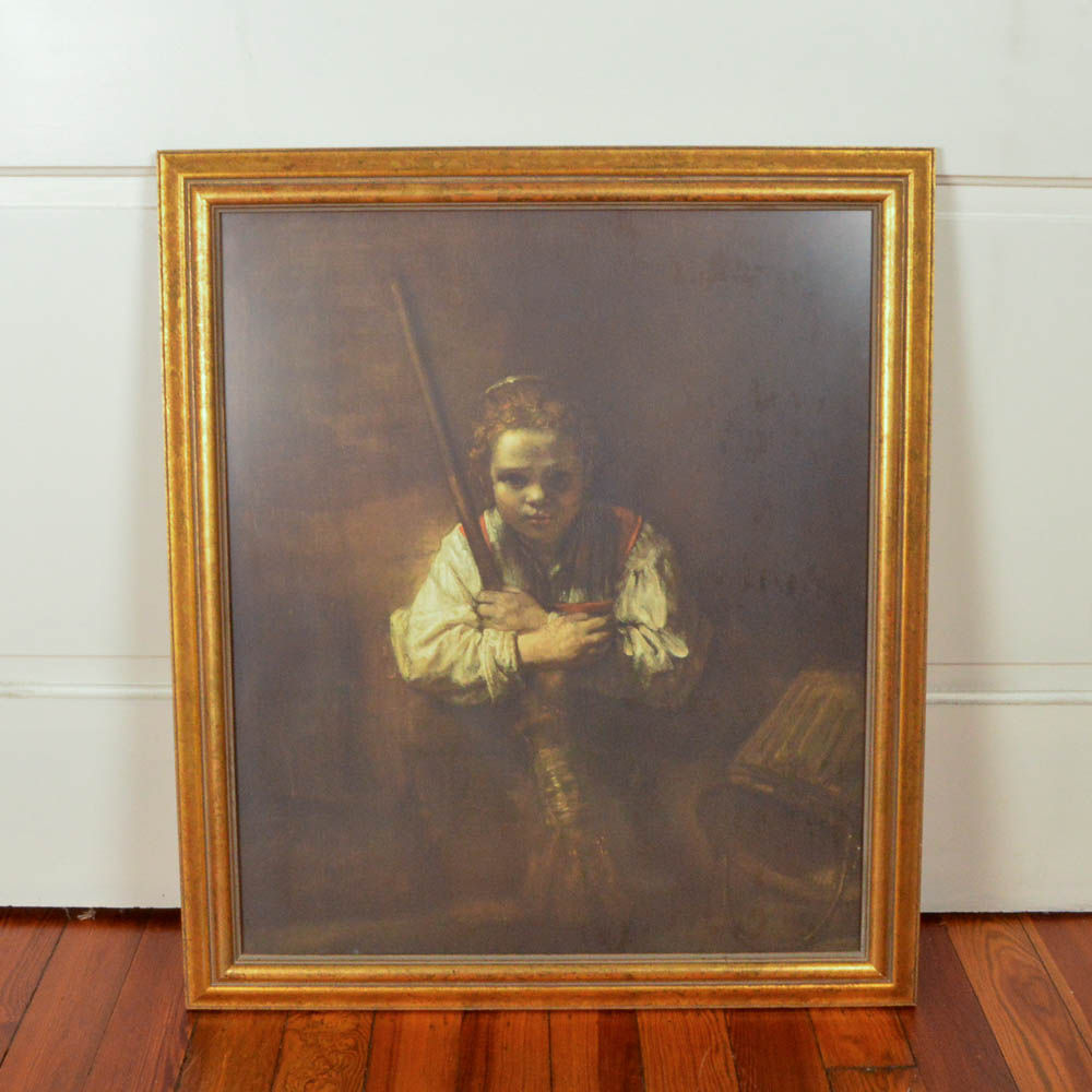 1000x1000 Framed Lithograph After Rembrandt's Original Oil Painting A Girl - Girl With Broom Painting