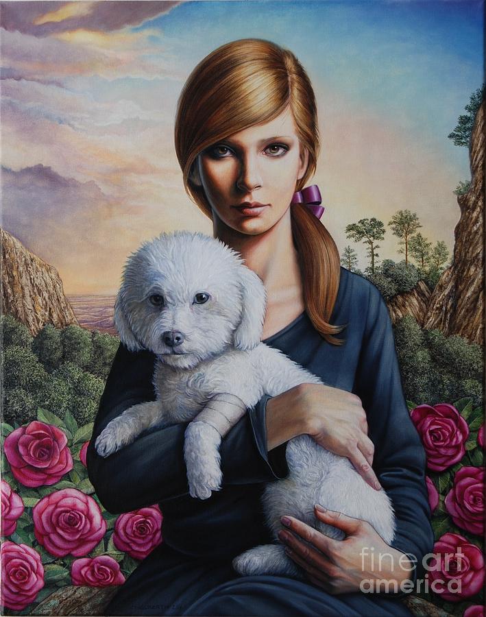 709x900 Girl Holding Dog Painting By Milos Englberth - Girl With Dog Painting