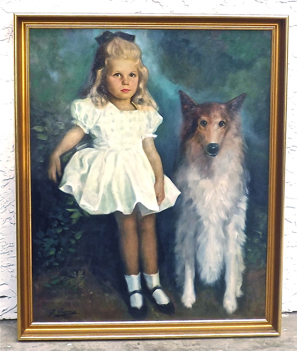 1008x1191 Vintage Girl Amp Dog Portrait Oil Painting Omero Home - Girl With Dog Painting
