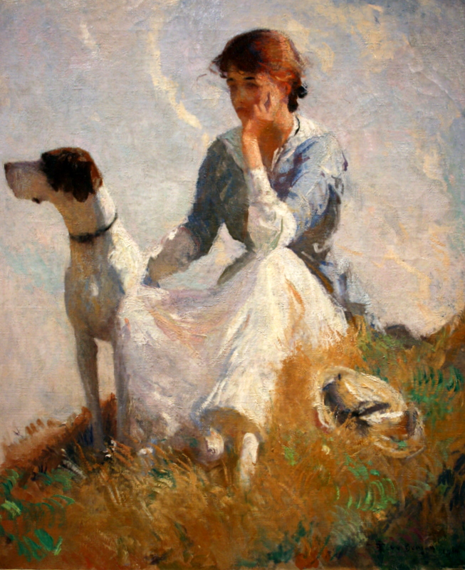 653x800 A Contemplative Painting By Frank Benson Nona Hyytinen Portraits - Girl With Dog Painting