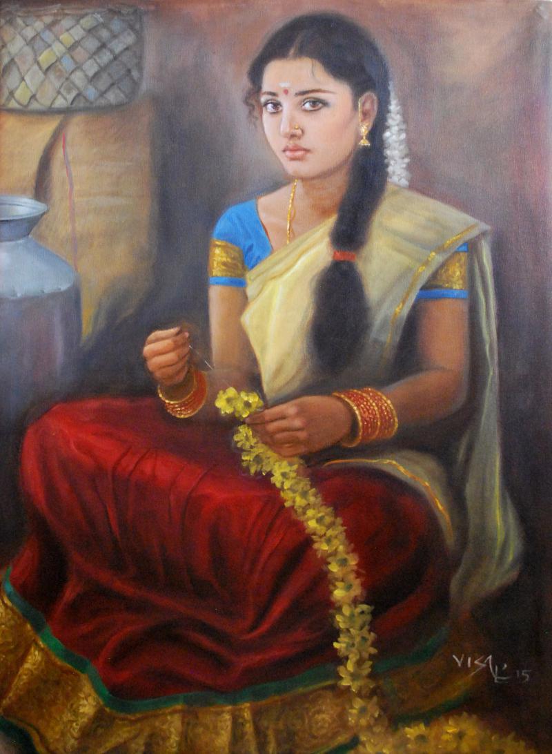 800x1092 Girl With Flowers By Artist Vishalandra Dakur Figurative Art - Girl With Flowers Painting