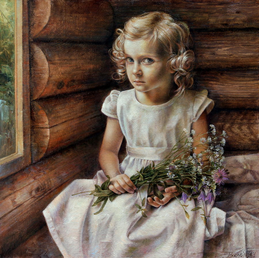 900x897 Girl With Wild Flowers Painting By Arthur Braginsky - Girl With Flowers Painting