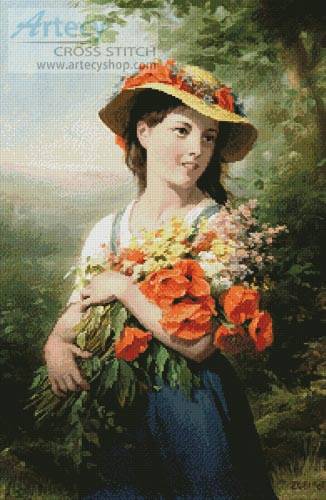 326x500 Girl With Bouquet Of Wild Flowers Cross Stitch Pattern Women - Girl With Flowers Painting