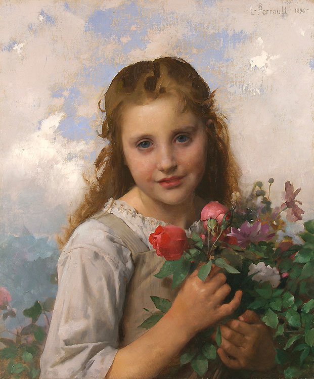 621x750 Little Girl With A Bouquet Of Flowers Leon Bazile Perrault - Girl With Flowers Painting