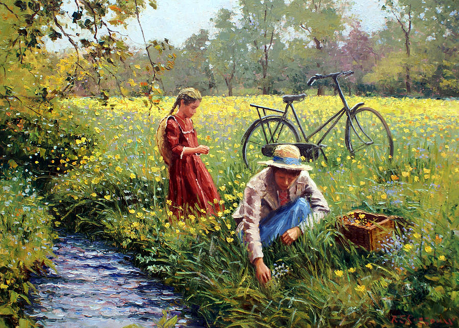 900x644 Picking Yellow Flowers Painting By Roelof Rossouw - Girl With Flowers Painting