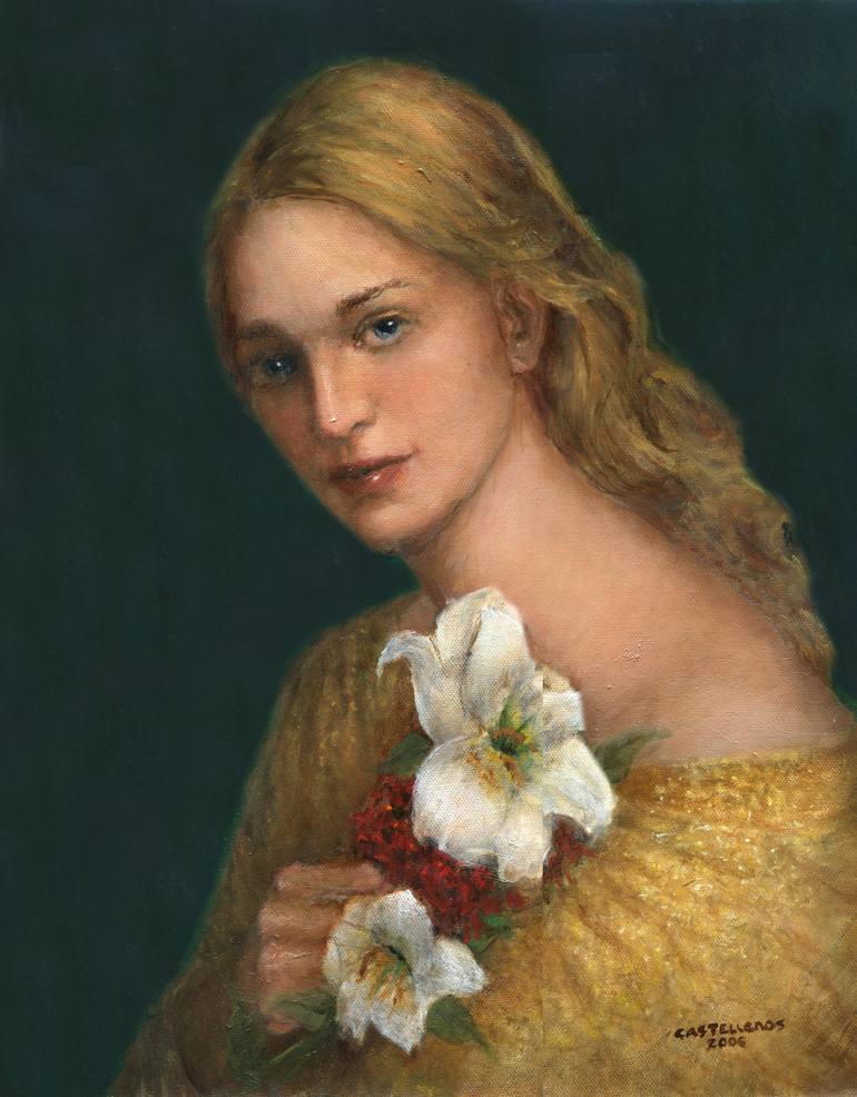 770x986 Saatchi Art Girl Holding White Flowers Painting By Sylvia Castellanos - Girl With Flowers Painting