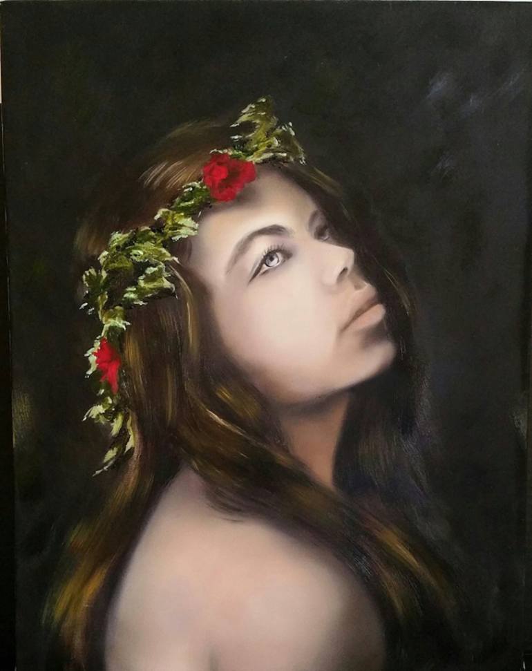 770x971 Saatchi Art Girl With Flowers In Her Hair Painting By Nersel Zur - Girl With Flowers Painting
