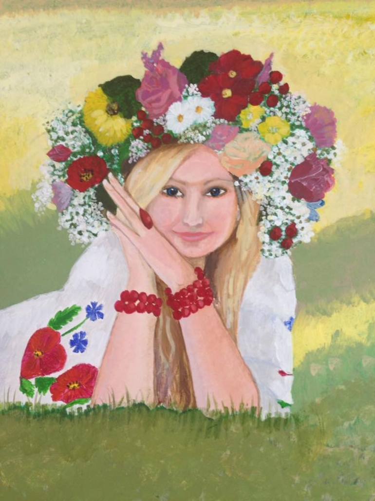 770x1027 Saatchi Art Girl With Flowers In Her Hair Painting By Lana Van Dayk - Girl With Flowers Painting
