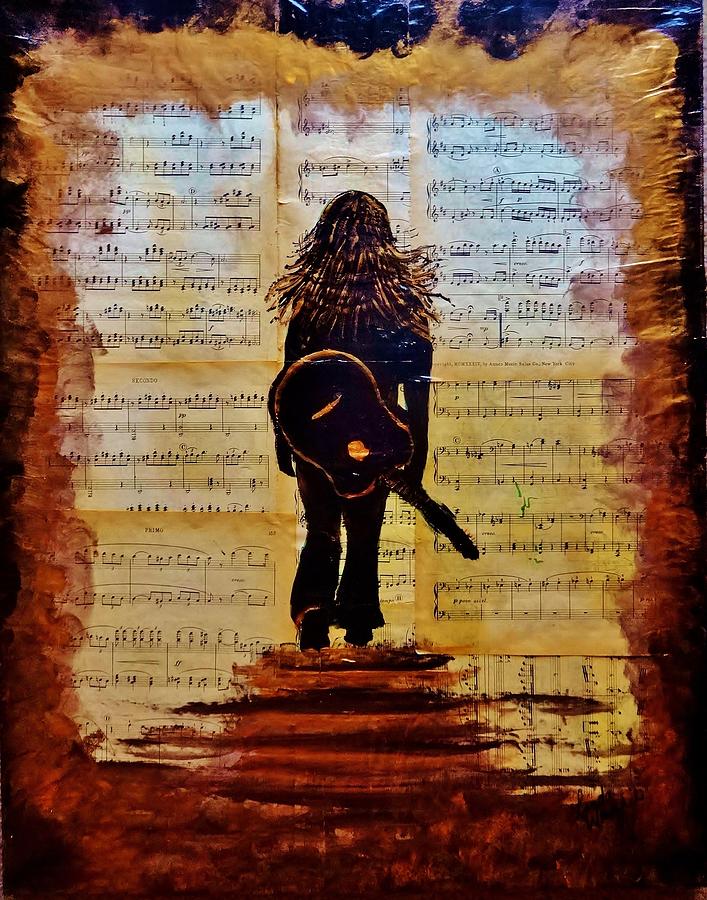 707x900 Lose Yourself In The Music Acrylic Painting Painting By Linda - Girl With Guitar Painting