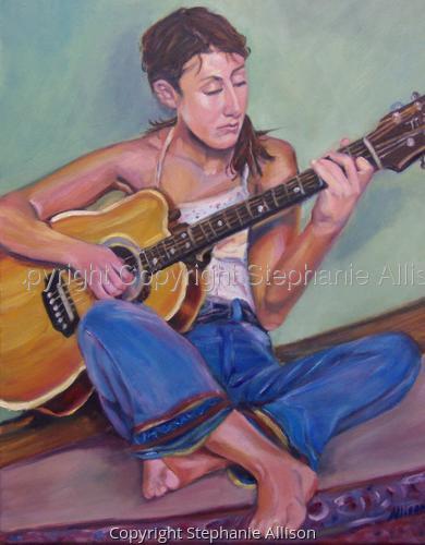 390x500 Painting Girl With Guitar (Original Art By Wit's End Studio) - Girl With Guitar Painting