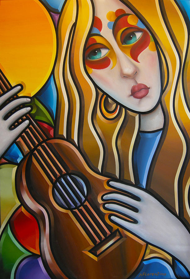 614x900 The Guitar Girl Painting By Newton Florentino - Girl With Guitar Painting