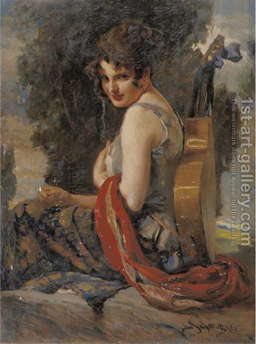 512x688 A Gypsy Girl With Her Guitar Leopold Schmutzler Reproduction 1st - Girl With Guitar Painting