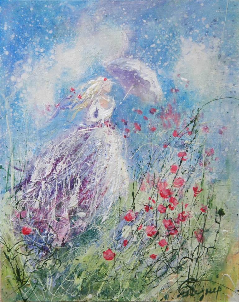 770x972 Saatchi Art Girl With Parasol Painting By Natalia Pevzner - Girl With Parasol Painting