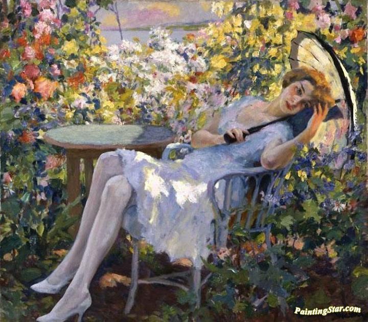 720x629 Young Girl With A Parasol Artwork By Edward Cucuel Oil Painting - Girl With Parasol Painting