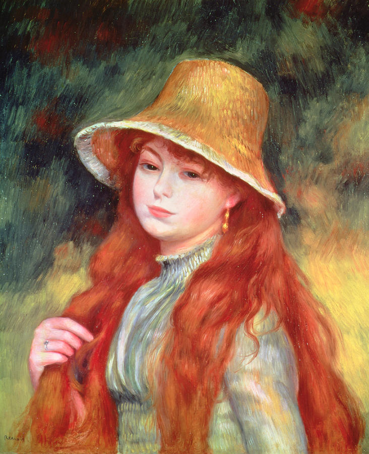 732x900 Young Girl With Long Hair Painting By Pierre Auguste Renoir - Girl With Red Hair Painting