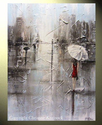 393x480 Original Art Abstract Painting Girl Red Umbrella White Red Dress - Girl With Red Umbrella Painting