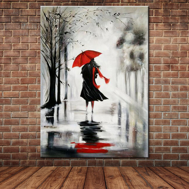 640x640 Unframed 100% Hand Painted Oil Painting Red Umbrella Black Dress - Girl With Red Umbrella Painting