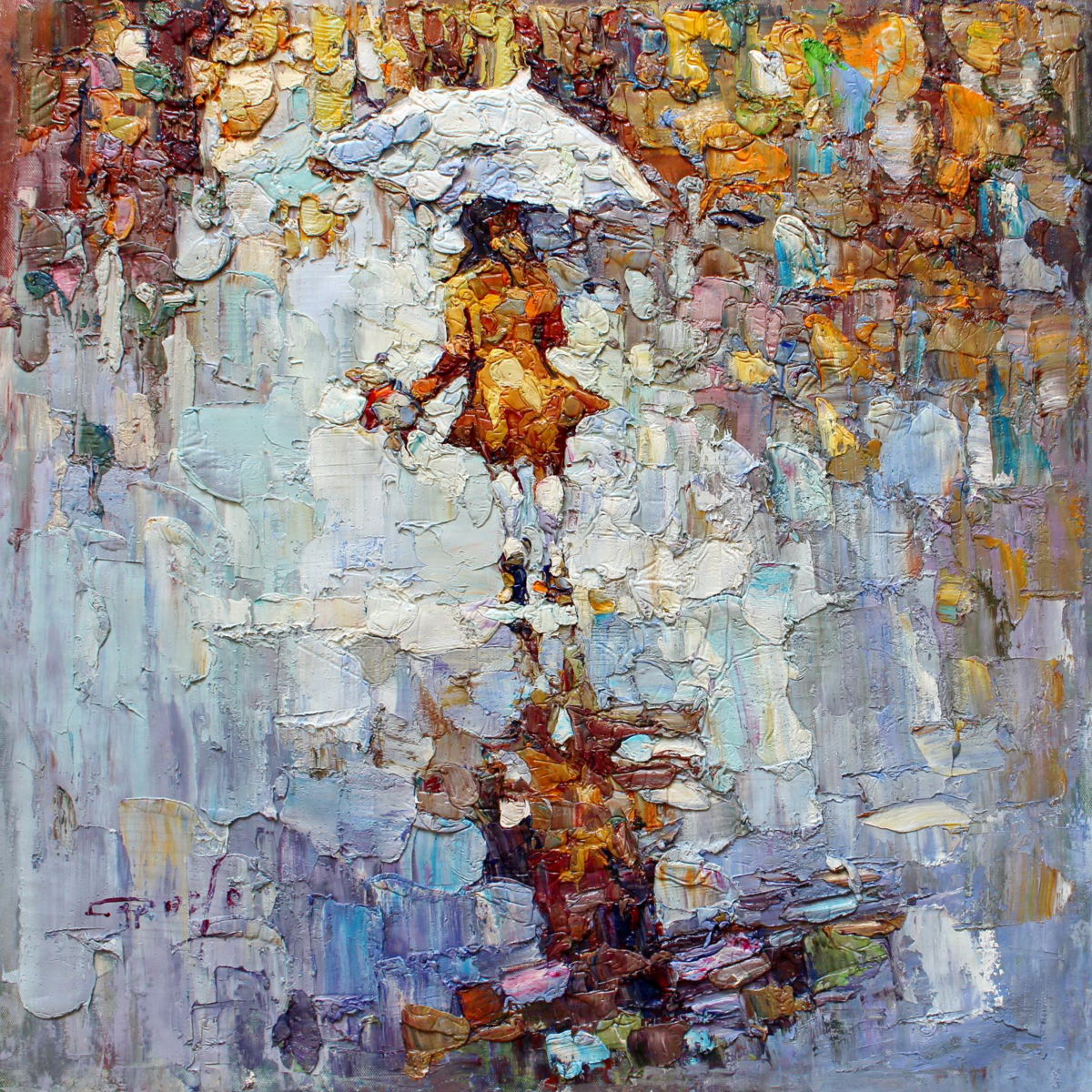 Girl With Umbrella In Rain Painting