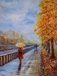 225x300 Girl In Rain Paintings Fine Art America - Girl With Umbrella In Rain Painting