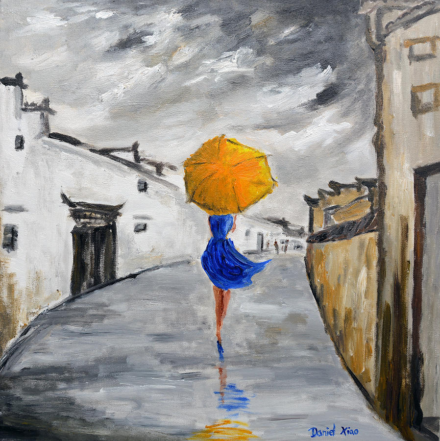 898x900 Girl With A Yellow Umbrella Painting By Daniel Xiao - Girl With Umbrella In Rain Painting