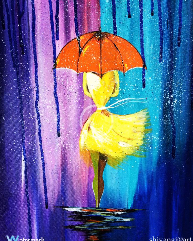 Girl With Umbrella In Rain Painting At Paintingvalleycom