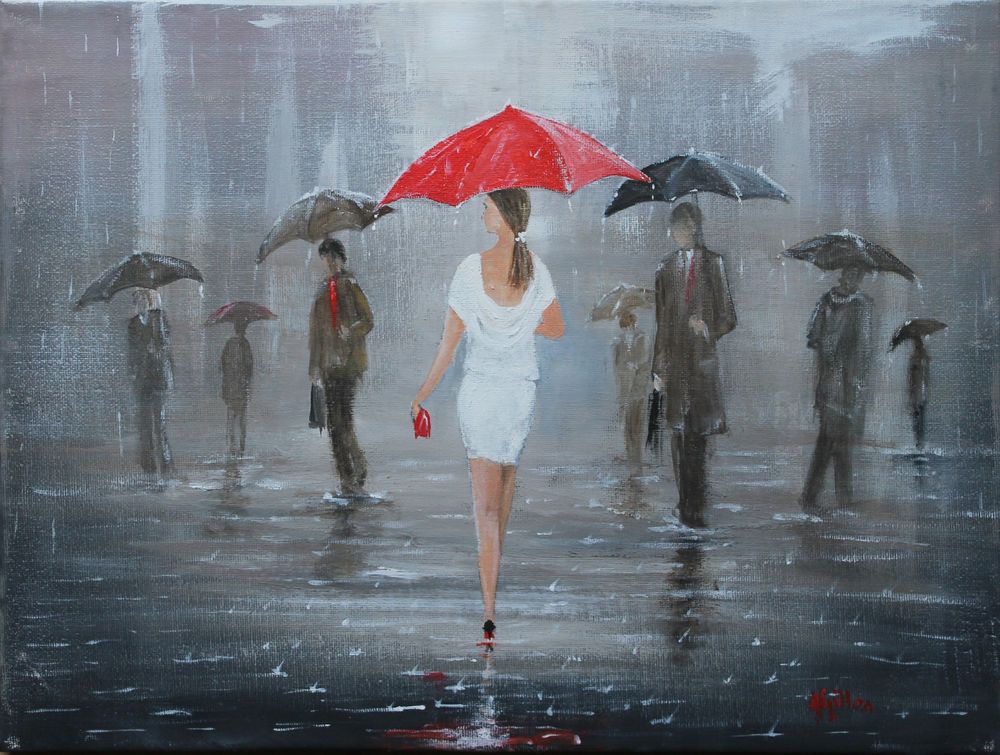 1000x755 Modern Painting Girl Red Umbrella Original Art Acrylic Canvas - Girl With Umbrella In Rain Painting